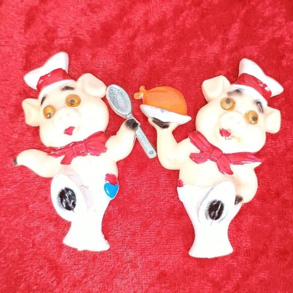 Vintage Pig‎ Chef Kitchen Magnets Set Of 2 Cute Retro Decor - Picture 1 of 5